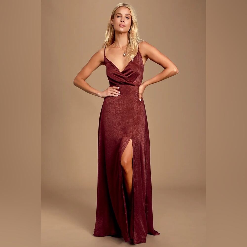 Lulus Constatine Burgundy Satin Wrap Maxi Dress Gown M - Picture 3 of 8